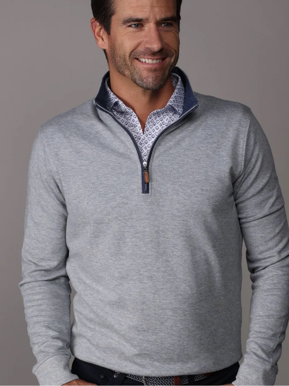 NEW Collars & Co. Light Gray Navy Trim Heather Cloud Cotton Quarter Zip Small
